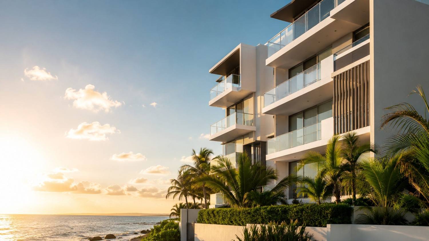 Edificio de apartamentos costero moderno en Puerto Rico con luz natural al atardecer